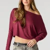 Burgundy Velmora Off Shoulder Relaxed Long Sleeve Crop Top by Ykshopcorp