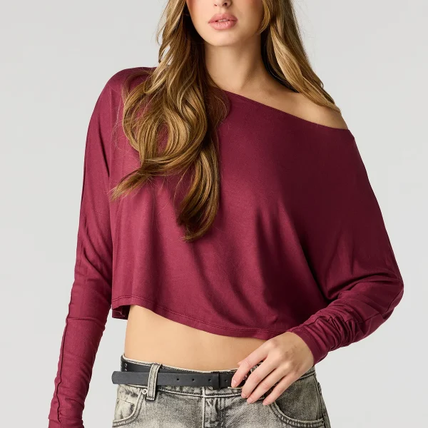 Burgundy Velmora Off Shoulder Relaxed Long Sleeve Crop Top by Ykshopcorp