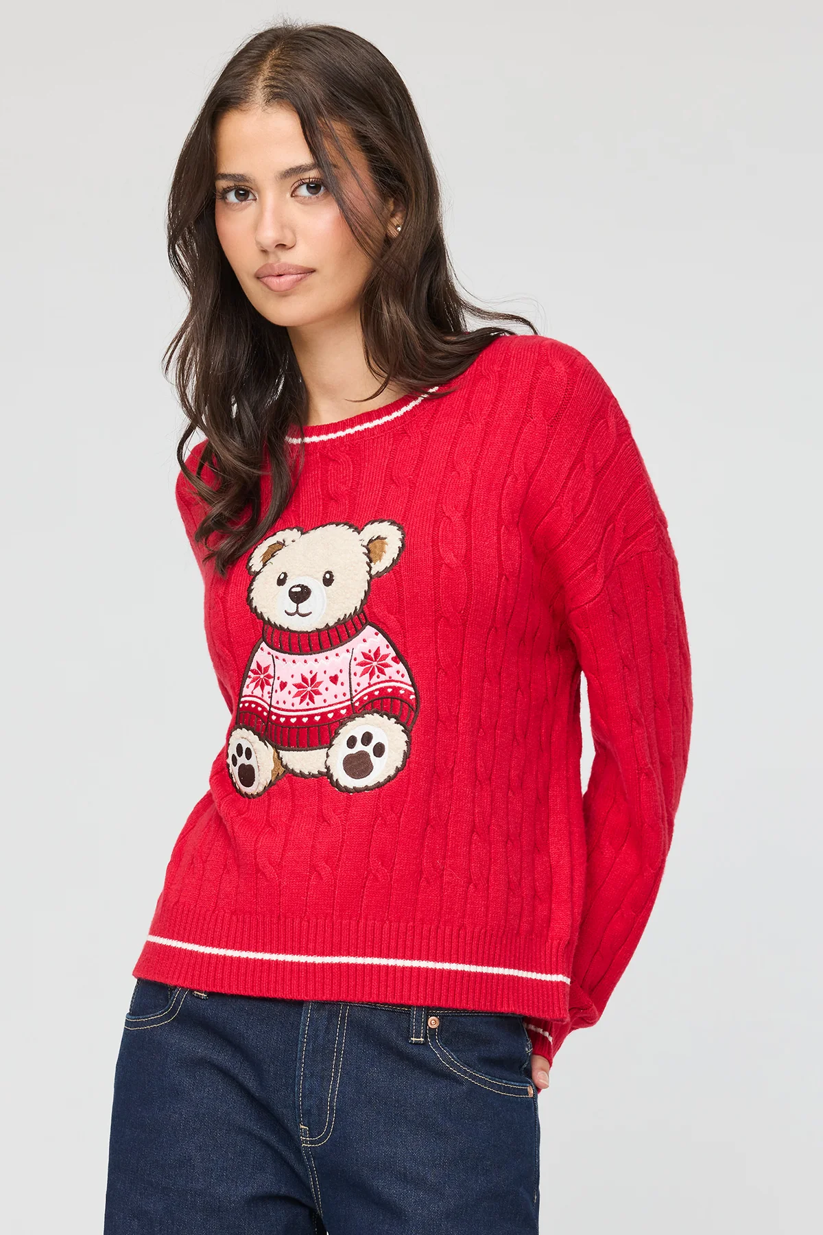 Festive Red Cable Knit Teddy Bear Christmas Sweater Ykshopcorp Zorvella Pullover