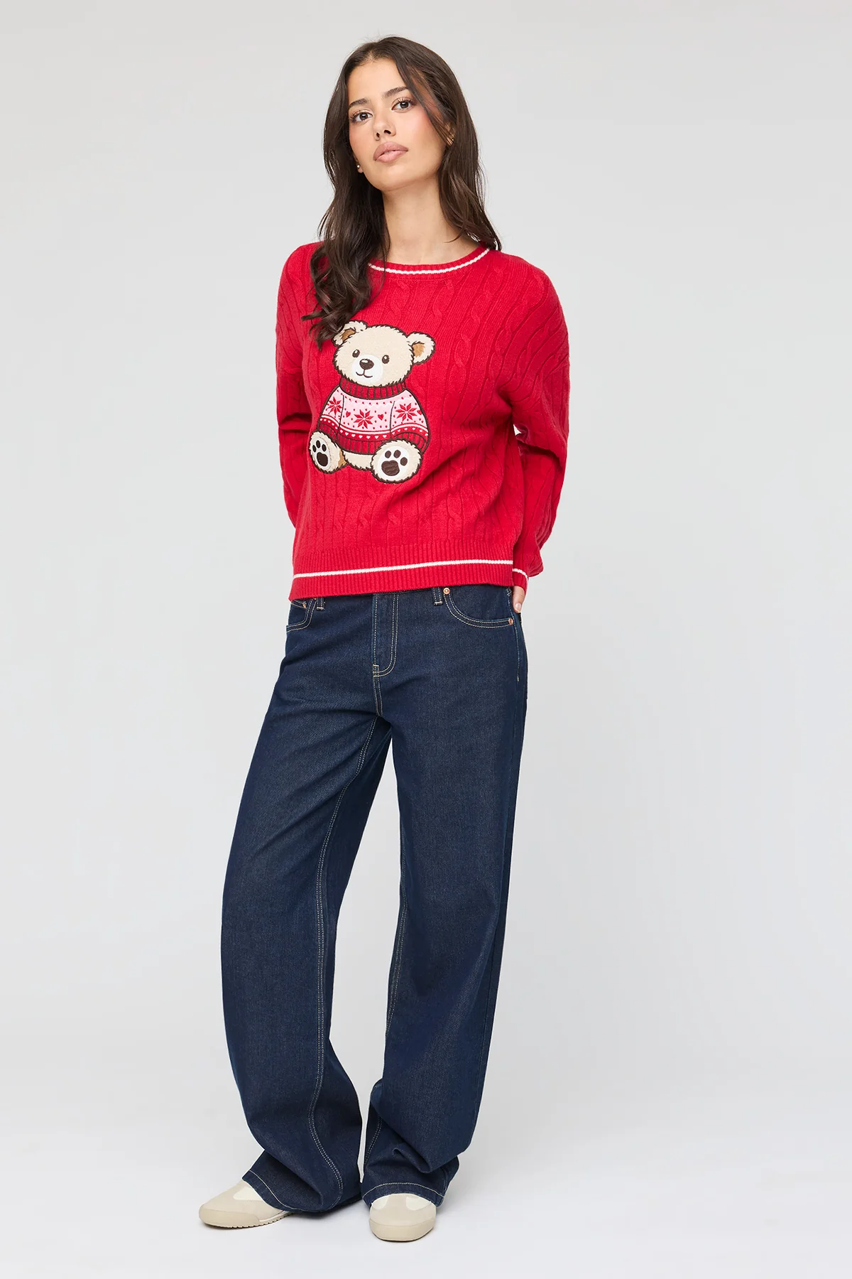 Festive Red Cable Knit Teddy Bear Christmas Sweater Ykshopcorp Zorvella Pullover - Image 2