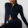 Midnight Navy Ykshopcorp Zorvella Ribbed Double Zip Long Sleeve Fitted Cardigan