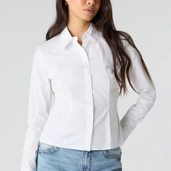 White Zorvella Tailored Waist Long Sleeve Button Down Shirt by Ykshopcorp